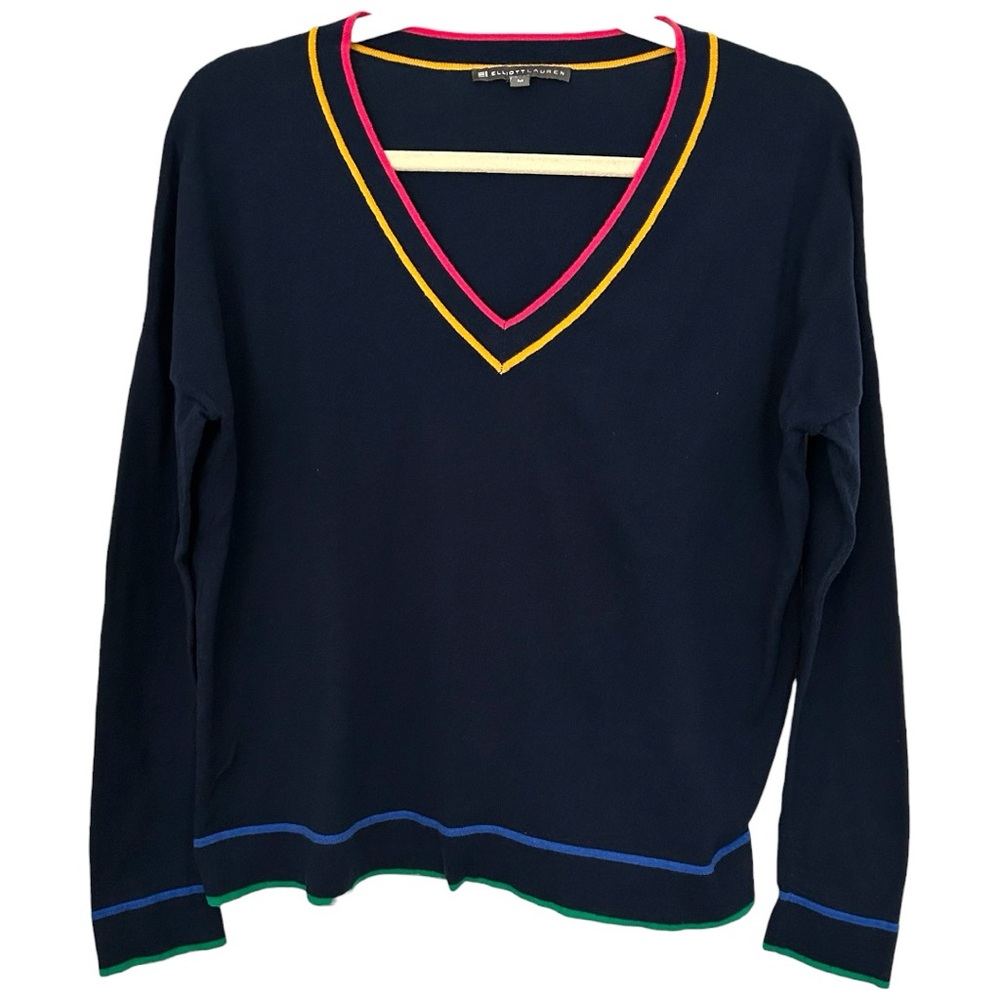 Elliott Lauren Women's V Neck Tip Off Neck Sweater with Multicolor Tipping‎ Sz M